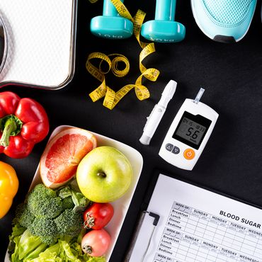 Waage, Obst, Gemüse, Sportschuhe, Blutzuckermessgerät, Tabelle und Maßband auf schwarzen Untergrund.