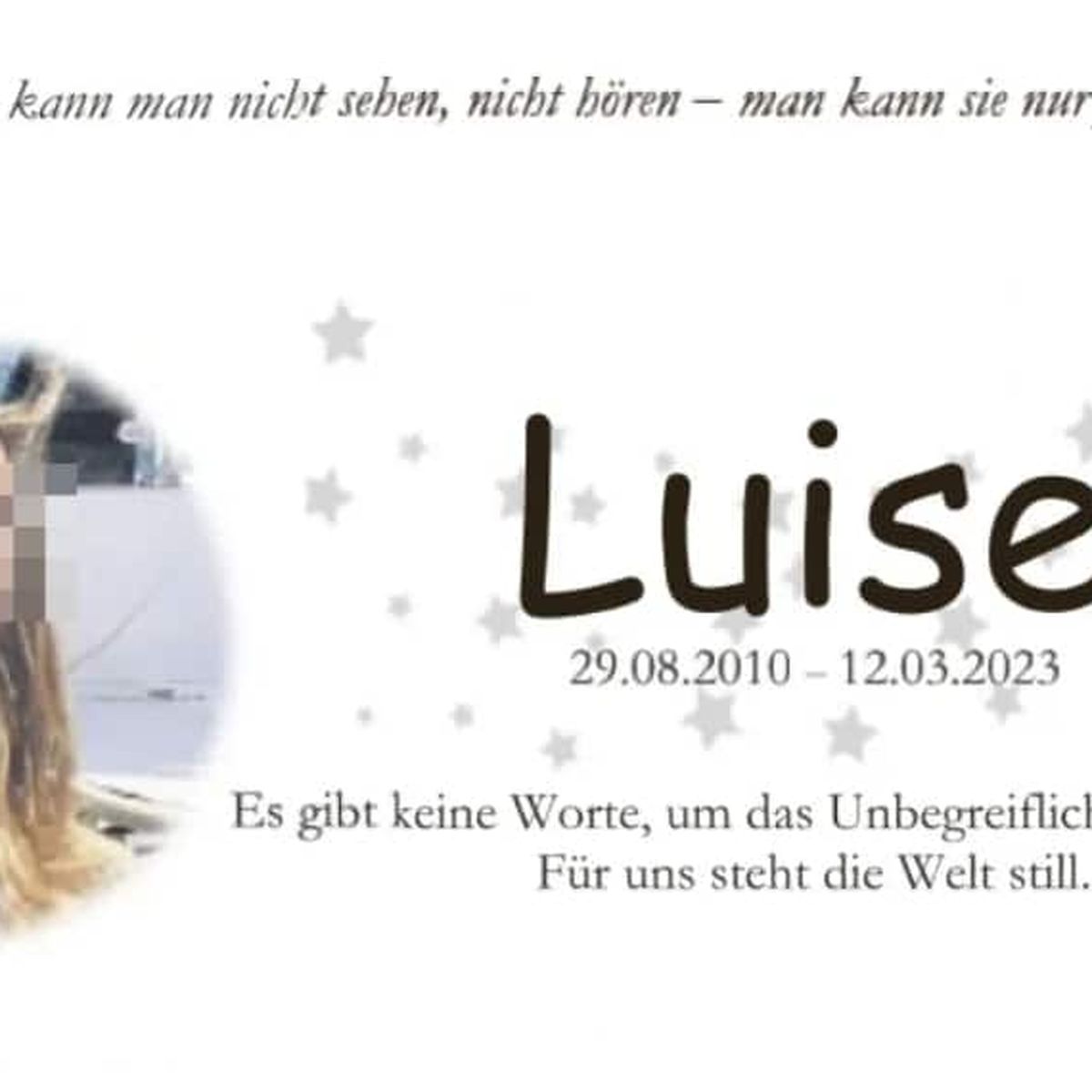 Eltern trauern um Luise (†12) mit Anzeige: Für uns steht die Welt still |  BUNTE.de