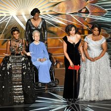 Katherine Johnson (2nd L) appears onstage with (L-R) actors Janelle Monae, Taraji P. Henson and Octavia Spencer