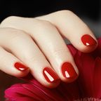 Frauenhand mit roten Nägeln greift rote Rose