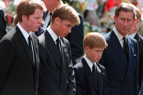 Princess Diana&#039;s sons Princes William and Harry with their father Prince Charles and uncle Earl Spencer outside Westminster Abbey on the day of t