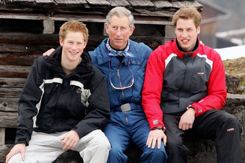KLOSTERS, SWITZERLAND - MARCH 31: HRH Prince Charles poses with his sons Prince William (R) and Prince Harry (L) during the Royal Family&#039;s ski br